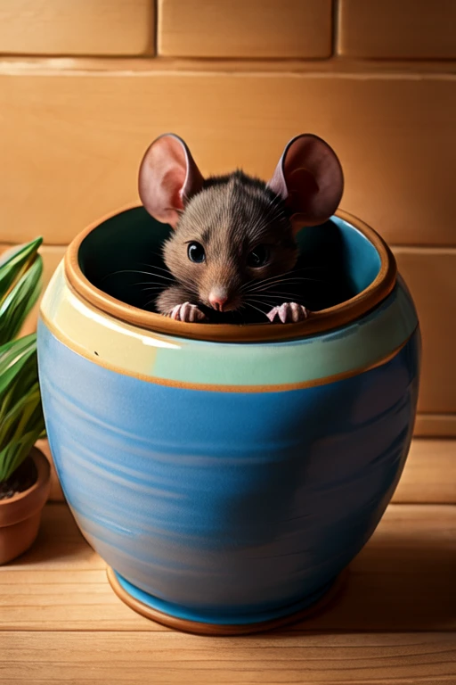 a sneaky black mouse inside ceramic pot