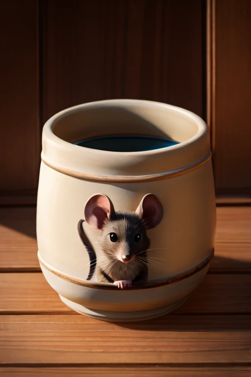 a sneaky black mouse inside ceramic pot