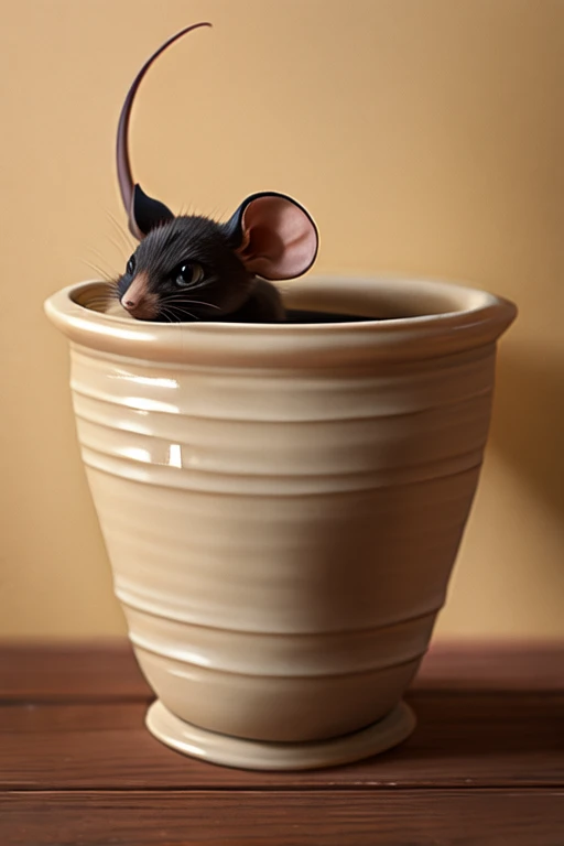 a sneaky black mouse inside ceramic pot