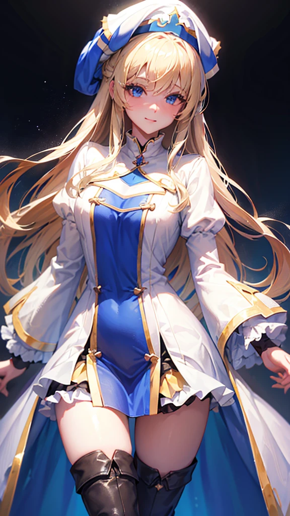 masterpiece,Noise Reduction,perfect anatomy,High resolution, Ultra-detailed,Game CG,dutch angle,a beauty girl,Cowboy Shot,priestess, Blonde hair, Blue eyes, Long hair, hair between eye,magic wand to grab,smil,boots, dress, frilled sleeves, frills, hat, white headwear, pelvic curtain, high heels, robe, thigh boots, thighhighs, white thighhighs, long sleeves, puffy sleeves,black shorts,