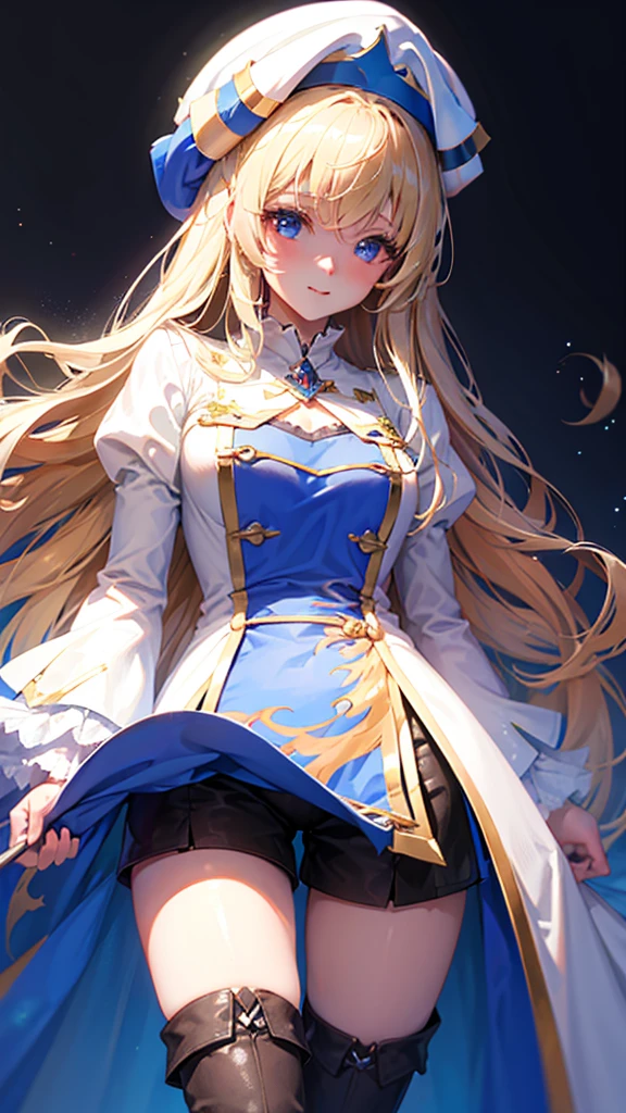 masterpiece,Noise Reduction,perfect anatomy,High resolution, Ultra-detailed,Game CG,dutch angle,a beauty girl,Cowboy Shot,priestess, Blonde hair, Blue eyes, Long hair, hair between eye,magic wand to grab,smil,boots, dress, frilled sleeves, frills, hat, white headwear, pelvic curtain, high heels, robe, thigh boots, thighhighs, white thighhighs, long sleeves, puffy sleeves,black shorts,