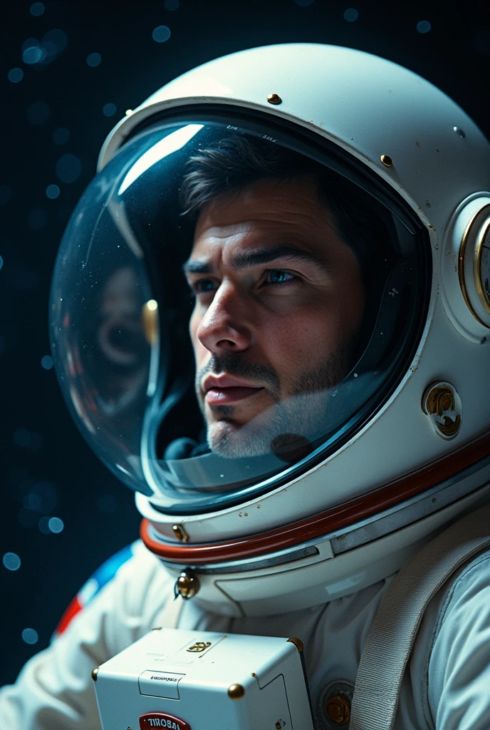  An Award-Winning Photograph by ( Myron Edwards ) a guy astronaut wearing a see-through glass helmet, up close, black space, outer space, galaxy, stars