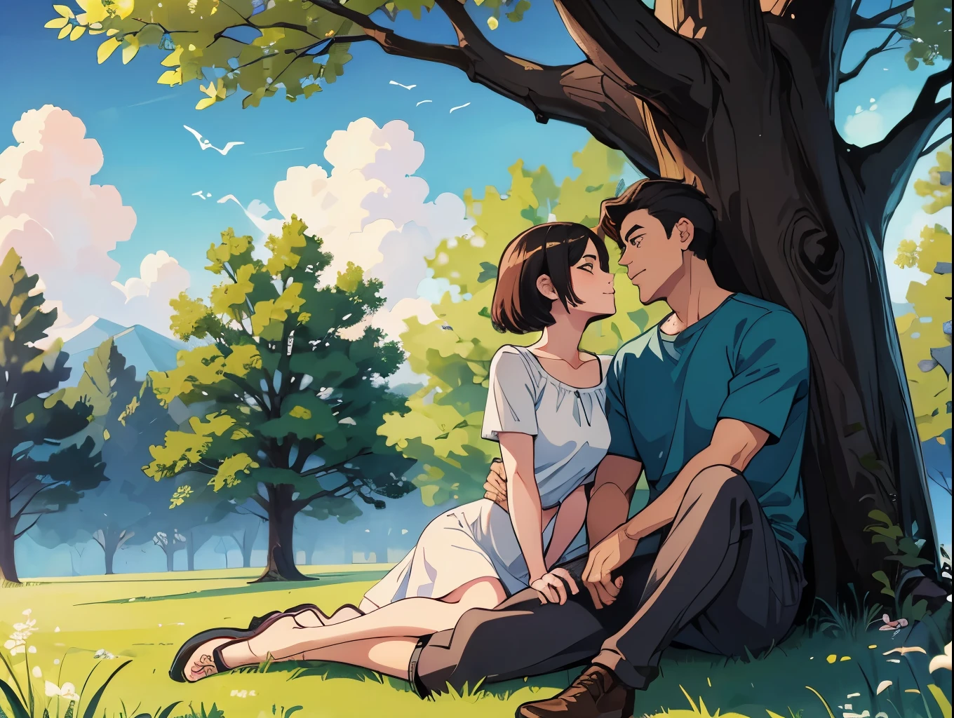 Man and woman, sitting beside a tree, in grass, friendly conversation, joy