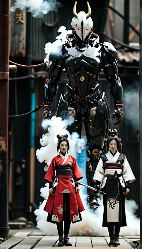 a samurai cyborg microchip group of people standing next to each other, yasuke px models, hone modern machinery geisha, ancient ...