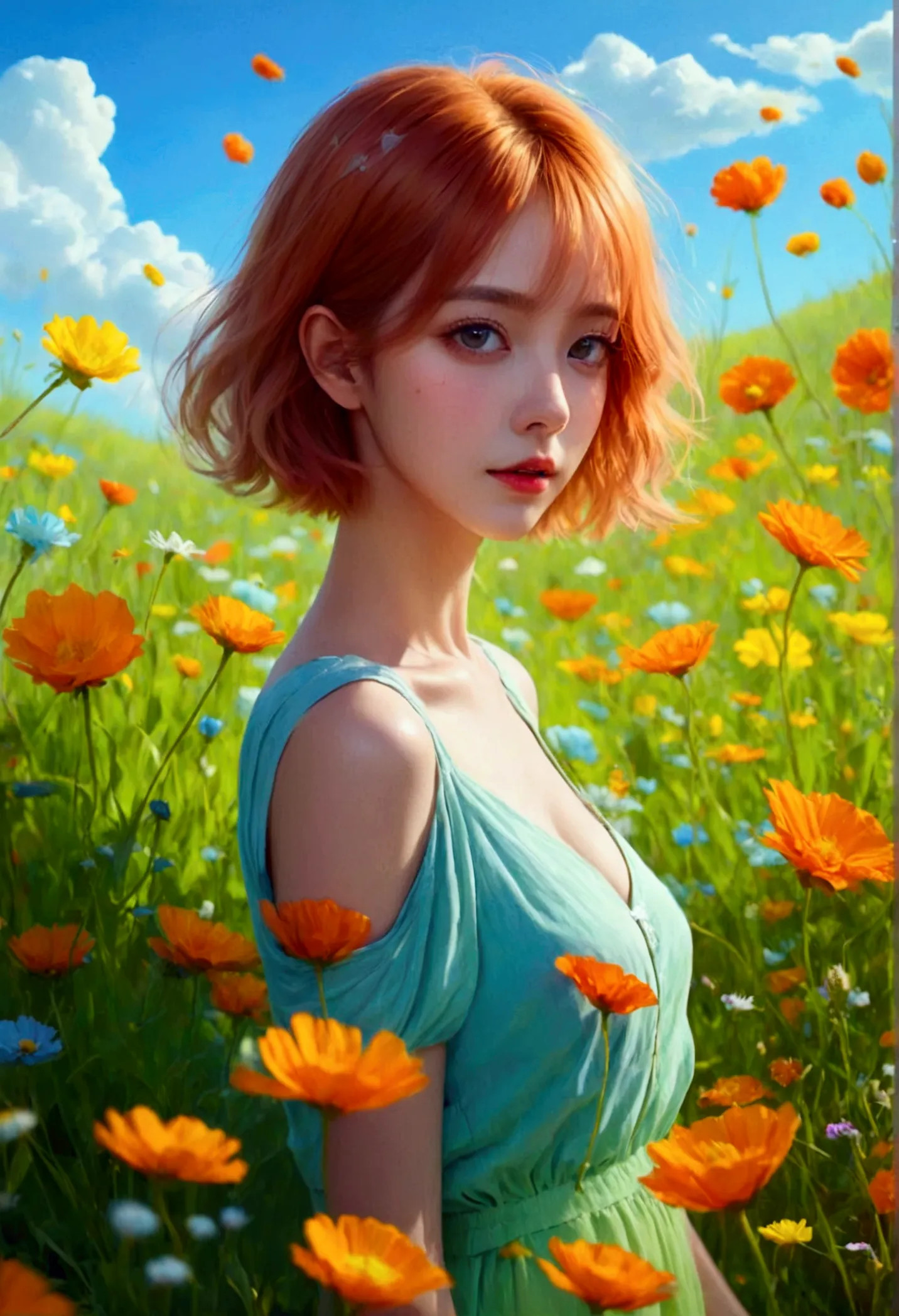 beautiful woman, standing in a flower field in a short dress .subtle details of subtle features, orange blonde short hair . a de...