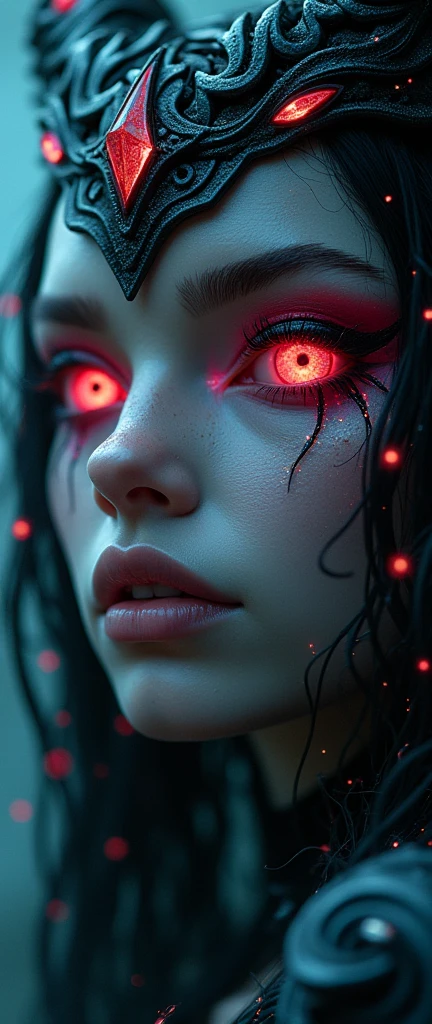 (High resolution,masterpiece:1.2),(actual:1.37),(best quality, High resolution, Super detailed, actual), Mesmerizing cyberpunk dark fantasy, (Her shining eyes:1.6), Hypnosis and, Capturing the Essence of the Demon Queen. details of her face, Elaborately crafted, Revealing every exquisite scale and unique pattern. The atmosphere around her was filled with otherworldliness, Bathed in a mix of neon lights and shadows. background like movie scene, with hints of an ominous underworld.. This portrait shows a close-up, Focus on the charming face of the goddess, Portraying her as a fascinating and awe-inspiring presence in the dark realm, The most beautiful face in the universe, happy face, sensual face,（NSFW:1.3）high nose, dreamy eyes,