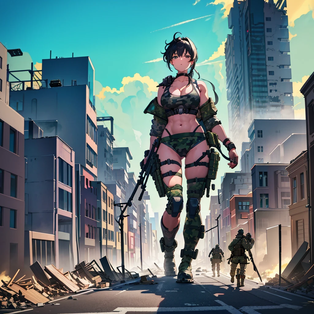 ((A huge black-haired female soldier in a camouflage bikini is walking through the valley of a destroyed city, holding a weapon))
Complex composition from below (Blue sky) ((Thunder clouds)) Masterpiece Anime style Delicate painting 4k 90's
Huge crowd ((situation)) ((destroyed metropolis)) ((collapsed building)) ((broken car)) ((car)) ((vehicle)) ((heap of rubble)) ((fire)) ((explosive smoke))
((Abs)) ((Muscular)) ((Camouflage bikini)) Military jacket ((Bandana)) Rifle Bazouga Heavy weapon Military knife Military boots Broken tank Female Titan girl Full body
Crowd Unreal Engine, cleavage, a picture, lovely picture, beautiful analog style, whole body,Giantess, Growth, Macro, In city, Standing, GTS,GTS, Giantess Female Giant, huge high school girl in the valley between buildings, skyscraper area, big city