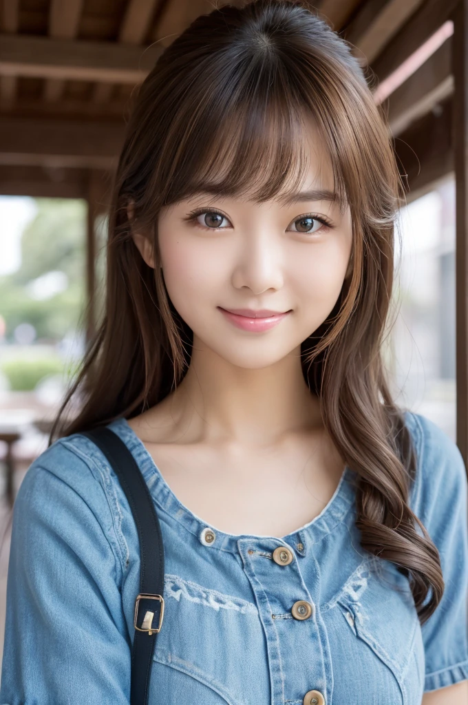 (8k, RAW photo, best quality, masterpiece:1.2), (realistic, photo-realistic:1.4), ultra-detailed, perfect anatomy, perfect limbs, perfect hand, depth of field, wide shot, cute japanese model pictures, Beautiful Face, in a summer park, ((One woman)), woman at 30 years old,(brown eyes), (dark blonde loosely curled hair.), She is looking at this way, smiling, She has blunt artificial nails, She is standing shyly in front of the bench, facing me., BREAK, (Ultra micro mini one-piece), POV