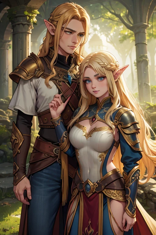 a beautiful detailed portrait of two gorgeous elven warrior twins, long braided golden hair, wearing baroque elven armor, battle-worn, magic, jeans, short top, smiling, fantasy, dynamic pose, castle ruins in a forest background, dramatic, chromatic aberration, best quality, 8k, highres, masterpiece, ultra-detailed, realistic, photorealistic, studio lighting, vivid colors, professional