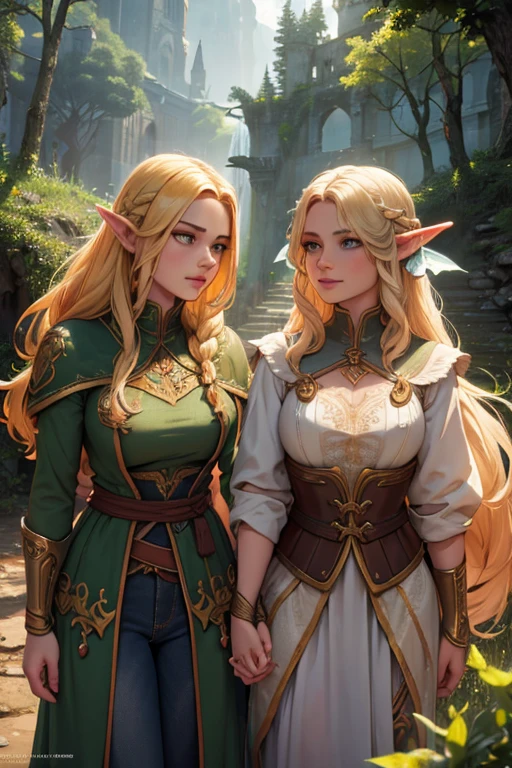 2 gorgeous elven warrior twins, long braided golden hair, baroque elven armor, battle-worn, magic, jeans, short top, smiling, fantasy, dynamic pose, castle ruins in a forest background, dramatic, chromatic aberration, (best quality,4k,8k,highres,masterpiece:1.2),ultra-detailed,(realistic,photorealistic,photo-realistic:1.37),studio lighting,vivid colors,professional