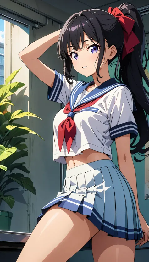 (Anime artwork, Anime Style, Studio Anime, Very detailed, Latest, Vibrant, Anime Coloring, High Contrast, masterpiece:1.2, Highest quality, Best aesthetics), A woman wearing a sailor suit, Cropped tops, Pleated skirt, hair accessory, Thighs glimpsed, Black Hair, ponytail, Perfect Proportions, Skin with attention to detail, cute, Detailed face, Front view, Sexy pose, School classroom, Accurate Fingers,