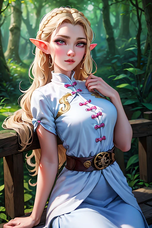 elegant fantasy female elf, masterpiece, best quality, extremely detailed and highly adorable face looking at viewer, 1 girl, belt, close-up, looking at viewer, 4k, highres, full body, long blonde braided hair, blue and white shirt, large bust, pink eyes, soft color palette, calm forest clearing background, holding thin blade sword, traditional chinese outfit