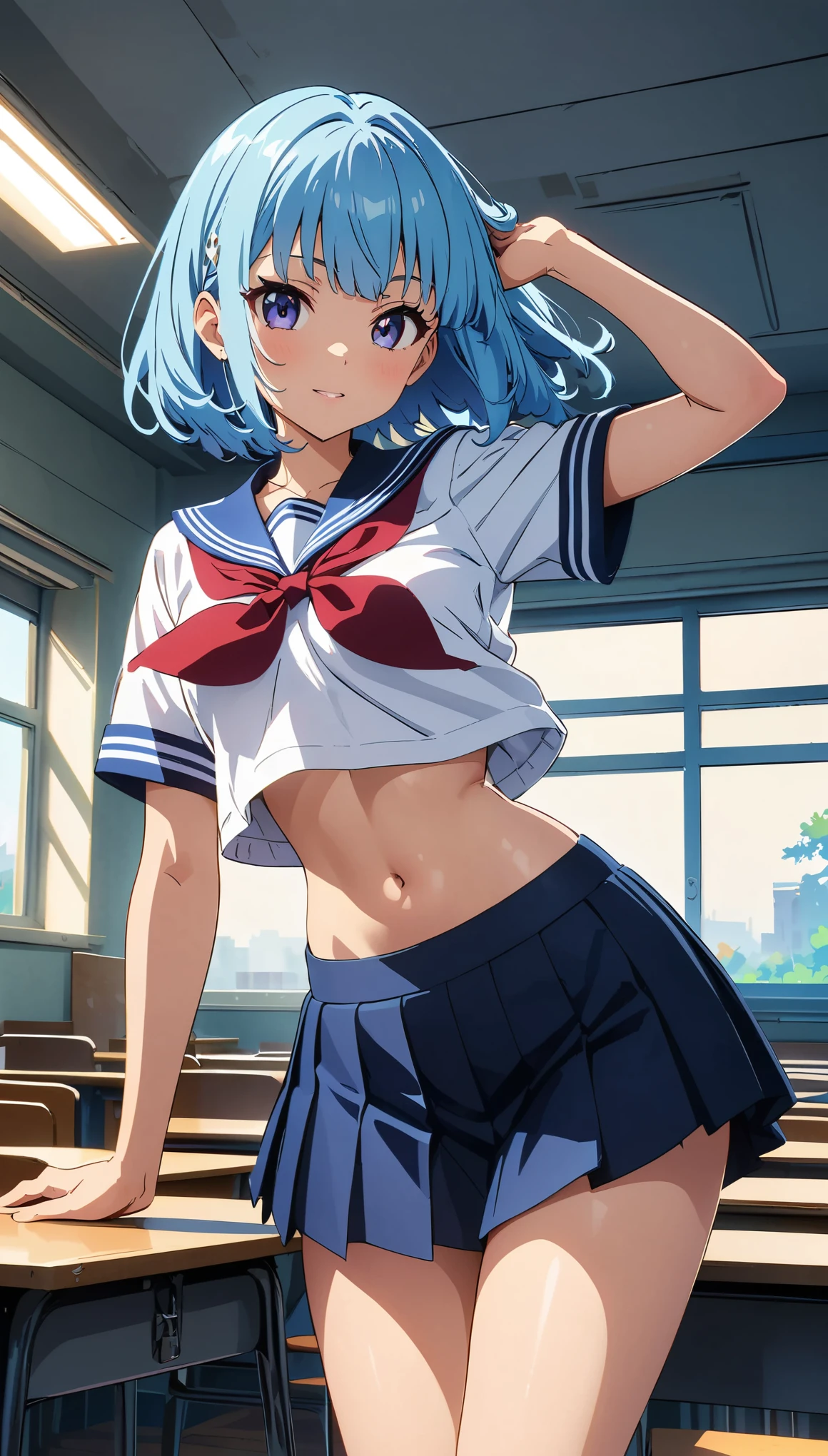 (Anime artwork, Anime Style, Studio Anime, Very detailed, Latest, Vibrant, Anime Coloring, High Contrast, masterpiece:1.2, Highest quality, Best aesthetics), A woman wearing a sailor suit, Cropped tops, Pleated skirt, hair accessory, Thighs glimpsed, Blue Hair, Bob with a Falling Front, Perfect Proportions, Skin with attention to detail, cute, Detailed face, Turning pose, Sexy pose, School classroom, Accurate Fingers,