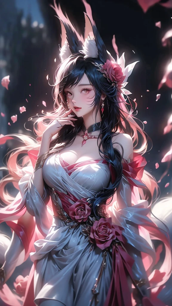 Rose，Rose瓣，Elegant temperament，Women，Lone ear,long flowing hair，Big breasts，露肩白色Rose婚紗裙，Ladder，Fantasy effect，masterpiece, Very detailed, Ultra HD, high detail, 