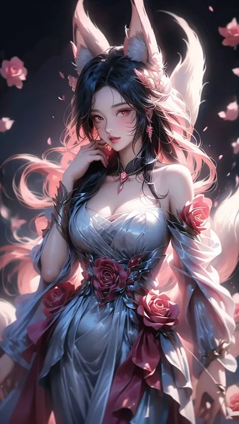 rose，rose瓣，elegant temperament，women，lone ear,long flowing hair，big breasts，露肩白色rose婚紗裙，ladder，fantasy effect，masterpiece, very ...