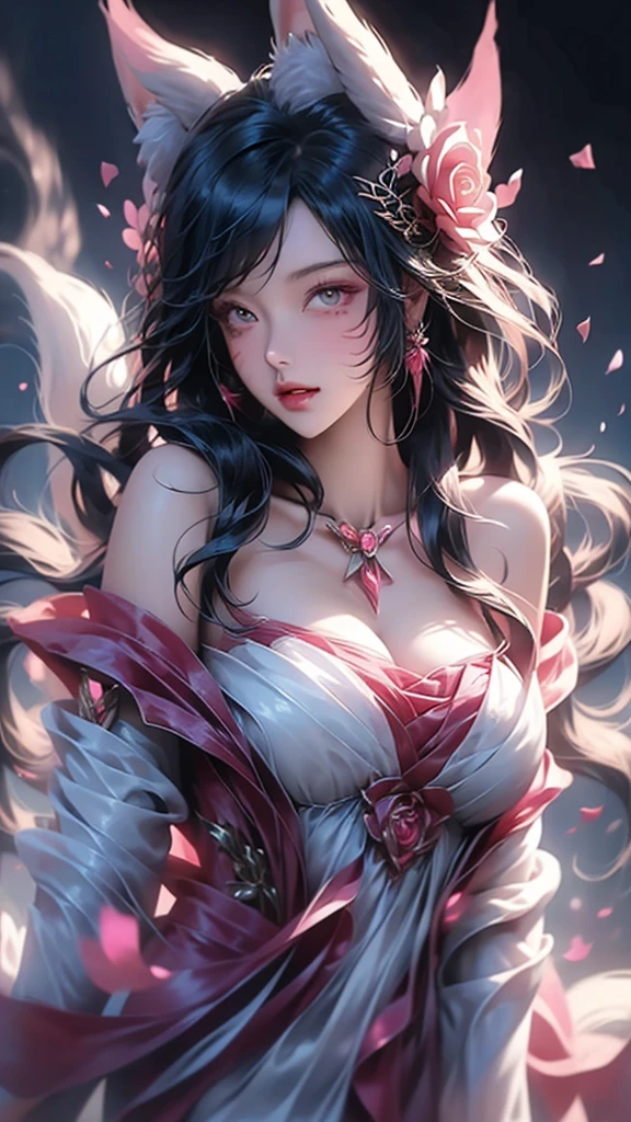 Rose，Rose瓣，Elegant temperament，Women，Lone ear,long flowing hair，Big breasts，露肩白色Rose婚紗裙，Ladder，Fantasy effect，masterpiece, Very detailed, Ultra HD, high detail, 