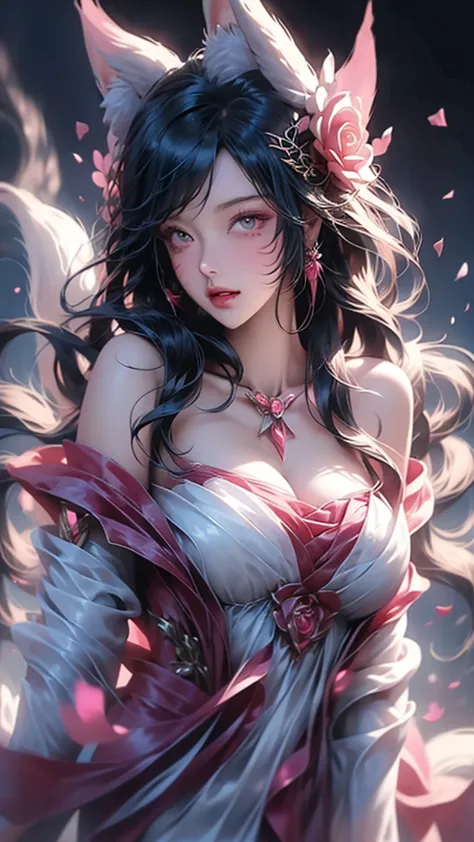 rose，rose瓣，elegant temperament，women，lone ear,long flowing hair，big breasts，露肩白色rose婚紗裙，ladder，fantasy effect，masterpiece, very ...