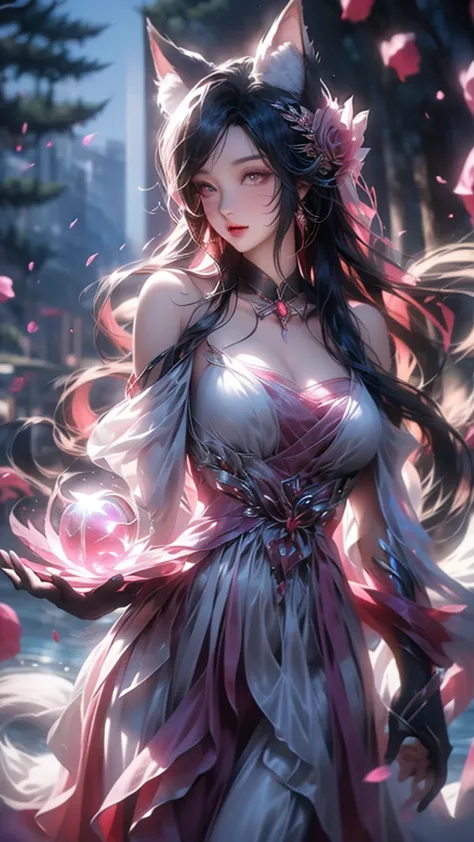 rose，rose瓣，elegant temperament，women，lone ear,long flowing hair，big breasts，露肩白色rose婚紗裙，ladder，fantasy effect，masterpiece, very ...