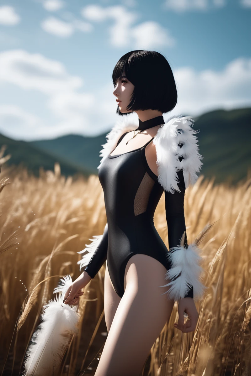 movieの写真下白 2b_leotard,YoRHa 2b,View your viewers,grassland,Feathered sleeves,Skin Texture, . 35mm Photography, movie, Bokeh, Professional, 4K, Very detailed