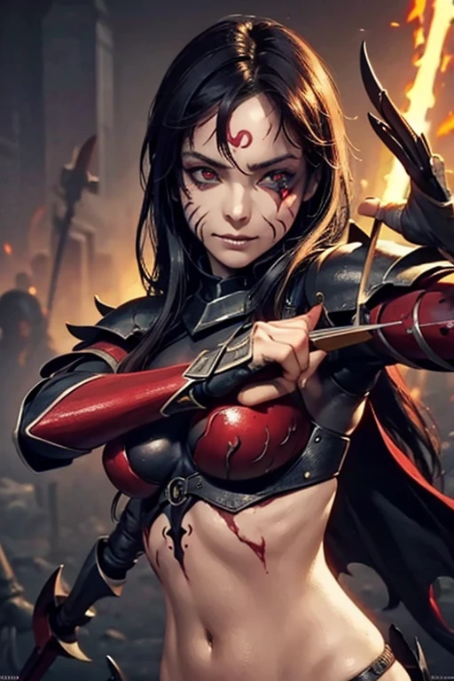 girl, Rotten Zombie Warrior, Evil look, sexy,  Wield a spear, Demon Armor, Face Paint, Body Paint, Red glowing eyes, Combat Stance, Vibrant appearance, Creative Action, Imaginative, Sensual, Voluntary, Highest quality, Skin Texture, Intricate details, (Cinema Lighting), RAW Photos, 8k