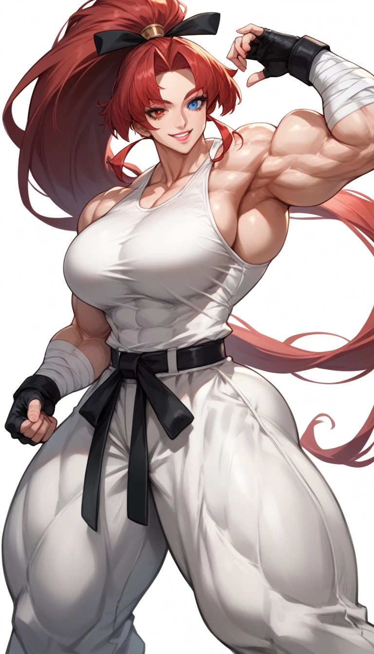 Muscular,
Peito Grande,
Bunda Arredondada,
Heterocromia,
Luvas sem dedos,
gigantic extremly muscular female, extremly tall, extremly muscular, large body, wide shoulders, long body, gigantic arms, gigantic biceps, gigantic forearms, large hands, gigantic ponytail, red hair, long strands of hair on the sides of her head, visible forehead, ponytail tied with a long black ribbon, heterochromia blue eye, red eye, pink lips, baggy white martial arts pants, black belt, black skintight shirt, tight sleeveless shirt, long black fingerless gloves, bandaged arms, black armbands, combat pose, fists up, smiling, proud face, front view, completly white background, wide view,