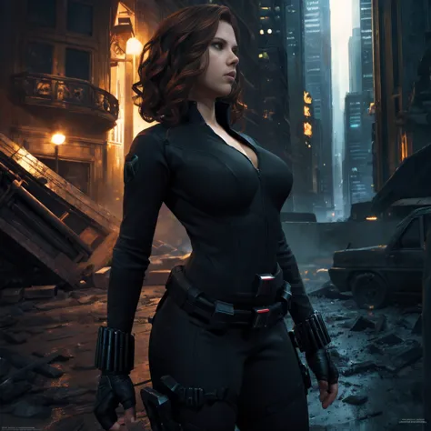 scarlett johansson as black widow in the marvel universe, in an urban setting, super verbose, super verbose black widow costume,...