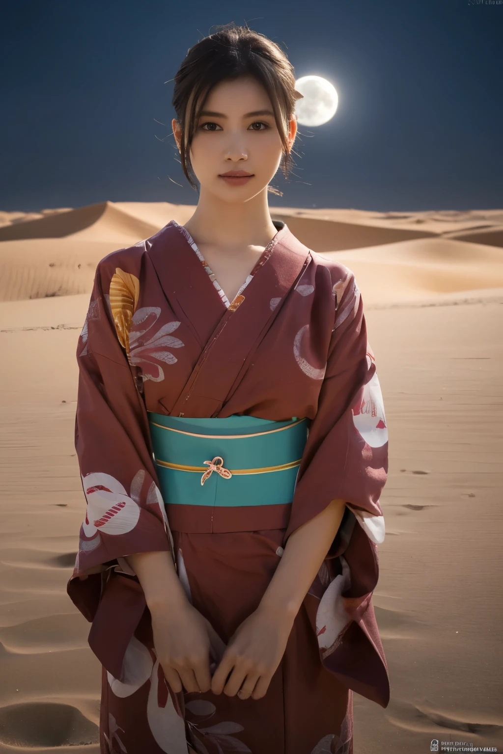 1 girl, (She is wearing a cute red yukata:1.2), Very beautiful Japanese idol portraits, 
(RAW Photos, Highest quality), (Realistic, Realistic:1.4), (masterpiece), 
Very delicate and beautiful, Very detailed, 2k wallpaper, wonderful, finely, Very detailed CG Unity 8K wallpaper, Very detailed, High resolution, Soft Light, 
Beautiful detailed girl, Very detailed目と顔, Beautiful and sophisticated nose, Beautiful and beautiful eyes, Cinema Lighting, 
(Standing in the Sahara Desert on a moonlit night:1.3), (Big Moon), (Sand Dunes), (月明かりに浮かぶ少女のwhole bodyのシルエット), (Dark screen:1.5), 
(Medium Hair), (Tie your hair back), (whole body), 
Complete Anatomy, Slender body, Small breasts