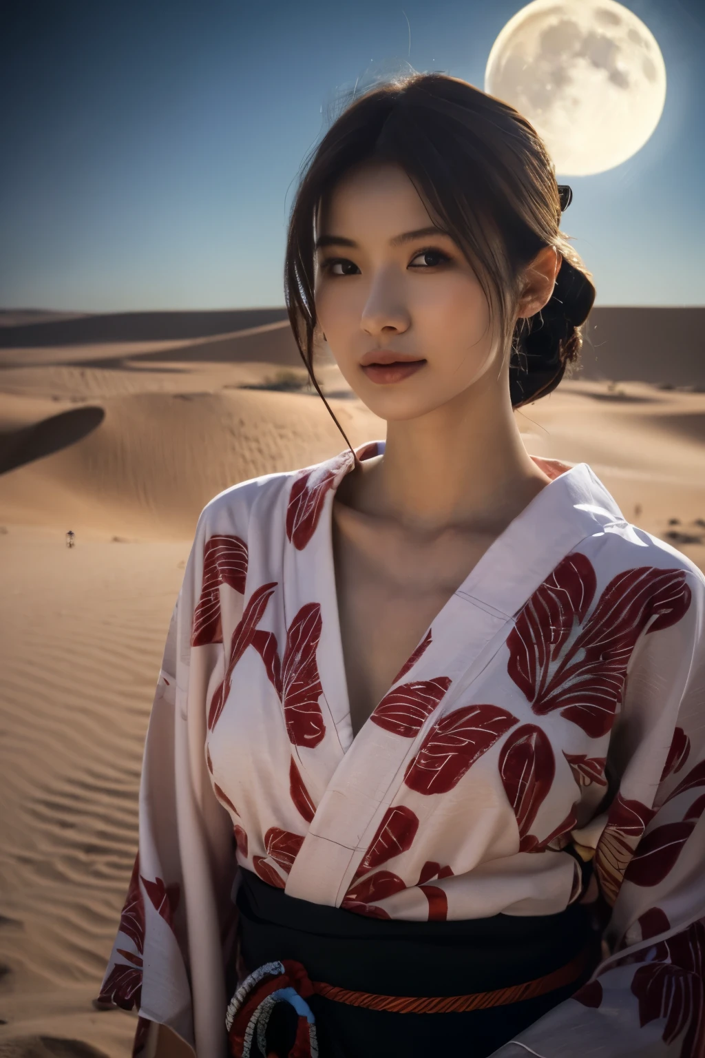 1 girl, (She is wearing a cute red yukata:1.2), Very beautiful Japanese idol portraits, 
(RAW Photos, Highest quality), (Realistic, Realistic:1.4), (masterpiece), 
Very delicate and beautiful, Very detailed, 2k wallpaper, wonderful, finely, Very detailed CG Unity 8K wallpaper, Very detailed, High resolution, Soft Light, 
Beautiful detailed girl, Very detailed目と顔, Beautiful and sophisticated nose, Beautiful and beautiful eyes, Cinema Lighting, 
(Standing in the Sahara Desert on a moonlit night:1.3), (Big Moon), (Sand Dunes), (月明かりに浮かぶ少女のwhole bodyのシルエット), (Dark screen:1.5), 
(Medium Hair), (Tie your hair back), (whole body), 
Complete Anatomy, Slender body, Small breasts