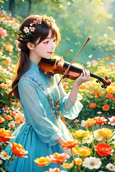 highest quality, very detailed, masterpiece, very detailed, playing the violin)、(holding a violin bow１∶４), one girl, null, green...