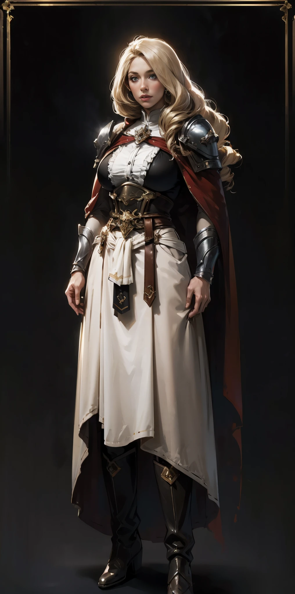 (masterpiece, best quality) (black background) full body standind straight symmetrical, FEMALE warrior princess Mercedez Von Martritz, twin big belt around waist, long curly blonde hair, very white skin, female wearing full body bikini armor with red cape, brown leather boots, adventurer outfit, veteran warrior milf bimbo