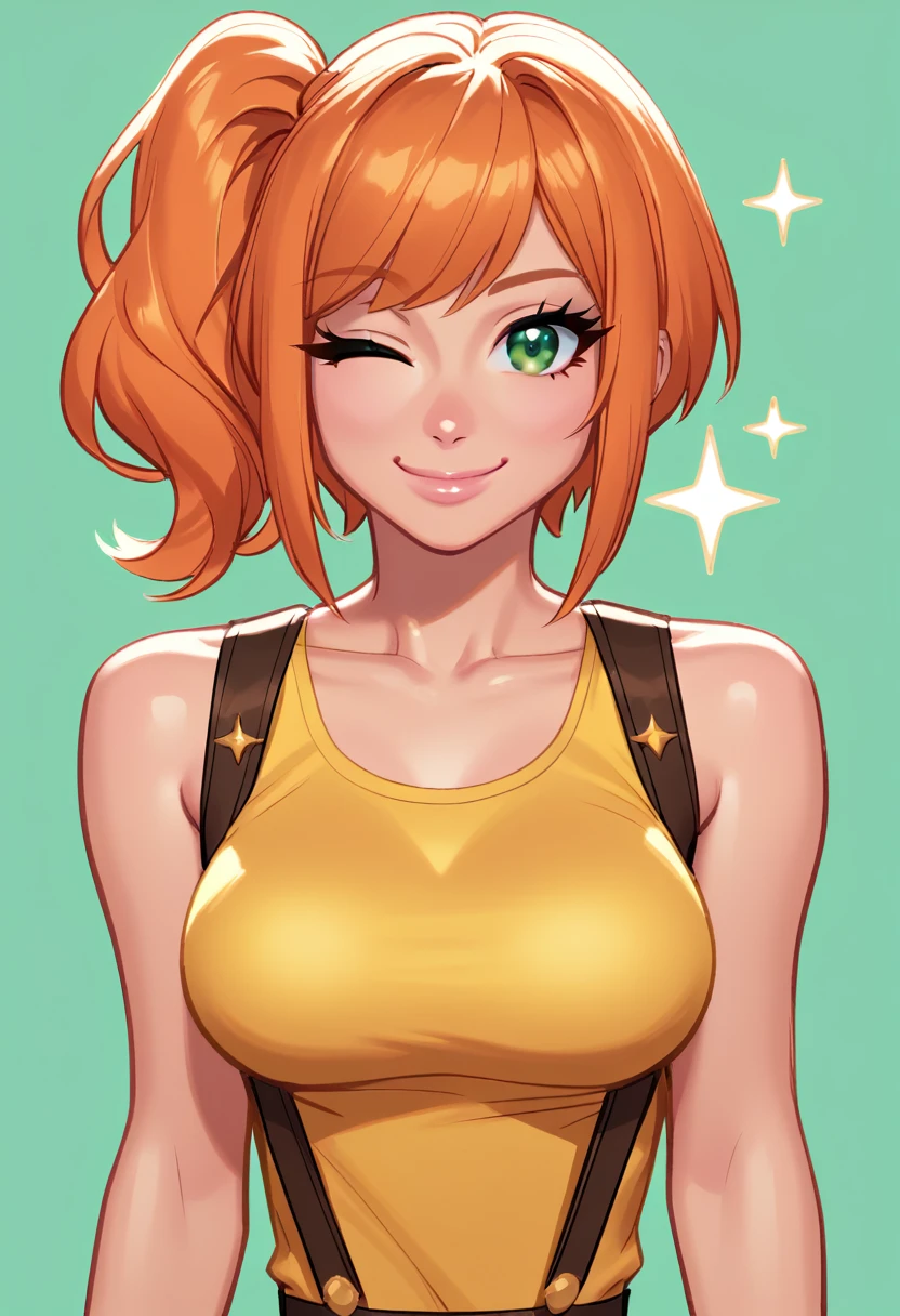 score_9, score_8_up, score_8, medium breasts, (curvy), cute, eyelashes,       BREAK,  1girl, solo, looking at viewer, smile, short hair, closed mouth, green eyes, collarbone, upper body, one eye closed, sleeveless, orange hair, side ponytail, eyelashes, sparkle, suspenders, yellow shirt, ;)  ,BREAK,  cowboy shot, smile, looking at viewer,   Expressiveh,  