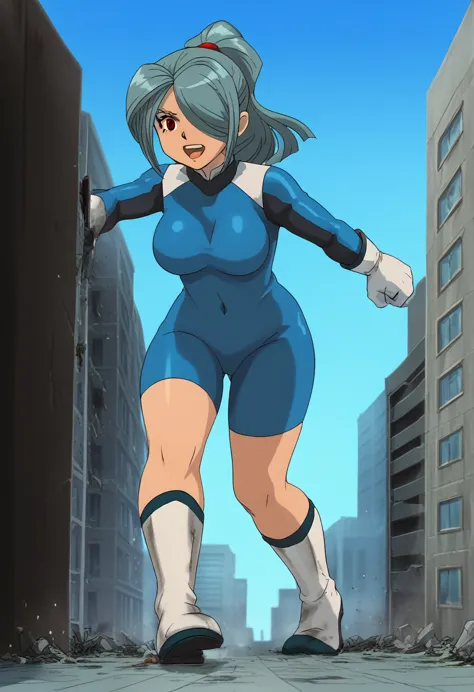 ultra-detailed, detailed face, detailed eyes, retro anime style, cartoon style, front view, dynamic effect, dynamic shot, 

athletic curvy physique, inverted body type, attractive feminine curves, big breasts, curvy legs and arms, feminine curvy figure, (thick thighs, thick calves, thick voluptuous legs, big curvy hip, bare knees), ((style of plump voluptuous body)), 

white gloves, gloves, bodysuit, dark emperors, boots,
light blue high ponytail hair, (one eye covered with bangs, red glowing eyes), 

1 beautiful giant boy, looking down with gallant smile, (running with destroying buildings, sprinting between buildings, leaning forward, stepping forward, put one foot forward, put one knee forward, put one leg forward, chasing small people around her feet), rampage, destroying city, destroying buildings, corrupted buildings, running with rolling rubble dust up, crushing building with his hand, crushing one small man with his foot, scattered rubble around his steps, towering, overwhelming, terrible, 

building size, nathan, gesugao, 