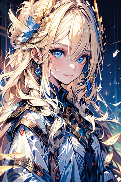 4k quality:1.2,Very beautiful illustration:1.2,Seraph,((6 white feathers)),blonde,Long Hairstyles,((Beautiful cobalt blue eyes:1.2)),null，smile