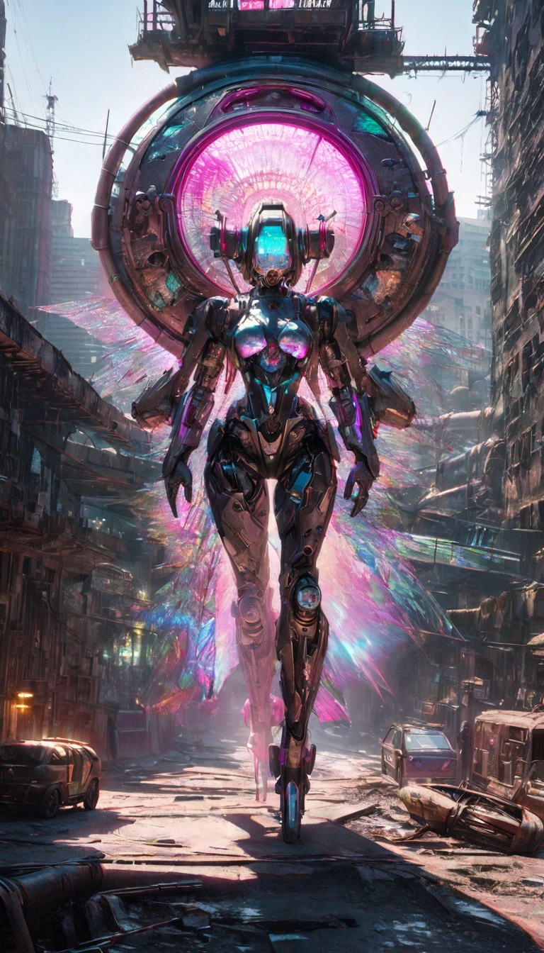 made of carved from pearl platinum crystal, beautiful android cyborg, wearing armor made of the same material, lots of transparent iridescent spirit fairies made of stained glass, background analyzer is fusion of (cyberpunk, clockpunk, dieselpunk and steampunk), the rooftop of skyscraper in abandoned city, shadows, contrast, conceptual installation art, (ultra detailed, absolutely resolution, best quality:1.3), 2.5D, delicate and dynamic effects, iridescent lighting effects, foggy filter effects, artistic photography, hyper realistic, graphic CG digital art