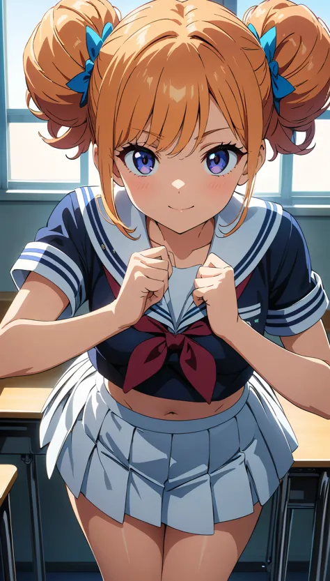 (Anime artwork, Anime Style, Studio Anime, Very detailed, Latest, Vibrant, Anime Coloring, High Contrast, masterpiece:1.2, Highest quality, Best aesthetics), A woman wearing a sailor suit, Cropped tops, Pleated skirt, hair accessory, Thighs glimpsed, Orange Hair, Double bun hairstyle, Perfect Proportions, Skin with attention to detail, cute, Detailed face, Front view, Sexy pose, School classroom, Accurate Fingers,