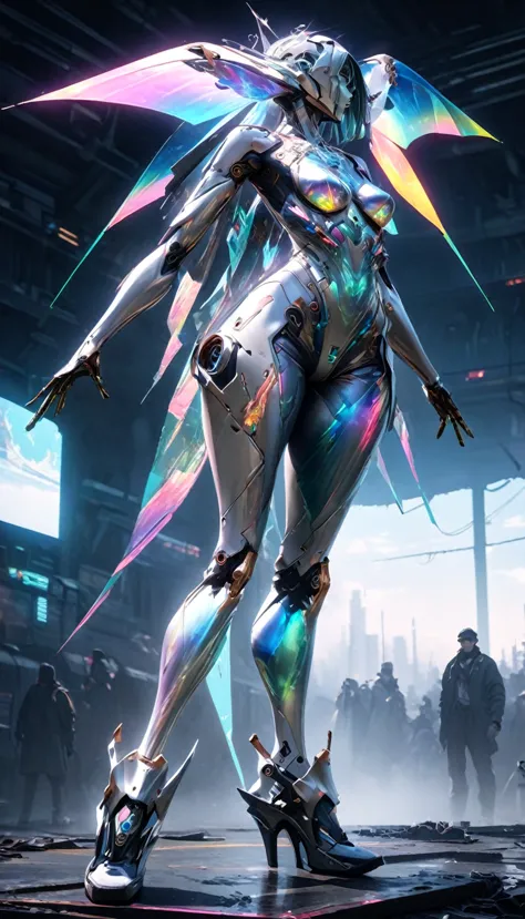 made of carved from pearl platinum crystal, beautiful android cyborg, wearing armor made of the same material, lots of transparent iridescent spirit fairies made of stained glass, background analyzer is fusion of (cyberpunk, clockpunk, dieselpunk and steampunk), the rooftop of skyscraper in abandoned city, shadows, contrast, conceptual installation art, (ultra detailed, absolutely resolution, best quality:1.3), 2.5D, delicate and dynamic effects, iridescent lighting effects, foggy filter effects, artistic photography, hyper realistic, graphic CG digital art