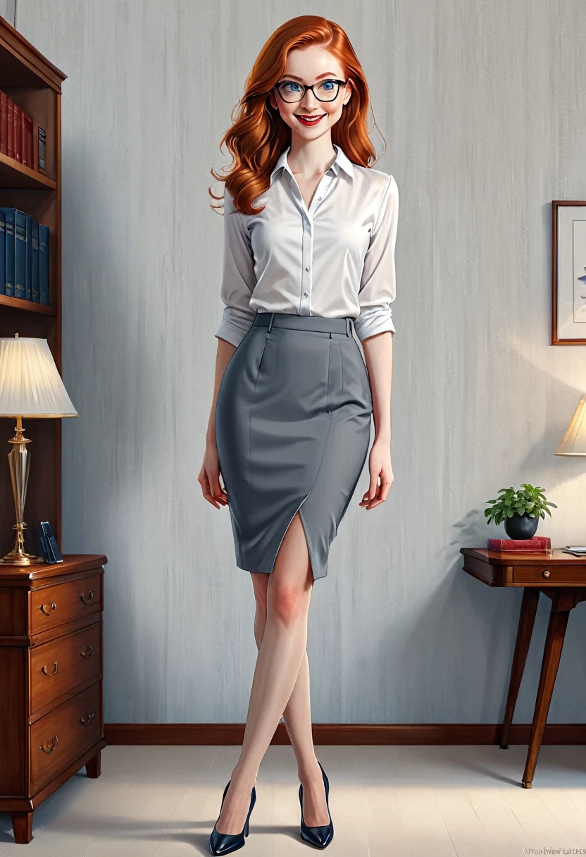 (full body:1.4),((ultra realistic illustration:1.3)), Tall, slender ((redhead:1.2)) woman of Irish descent. (pale:1.3)complexion. blue eyes, cute butt, nice legs. Kind eyes, cute (smile). eyeglasses, red lipstick, white blouse, gray pencil skirt, tan pantyhose, black stiletto heels. Law office. Masterpiece, (highly detailed:1.2),(detailed face and eyes:1.2), 8k wallpaper, cinematic lighting. core shadows, high contrast, bokeh.