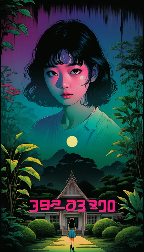 an illustration、art、80s thai horror movie poster, supervised by junji ito、(high school student:1.0)、private house、garden、attenti...