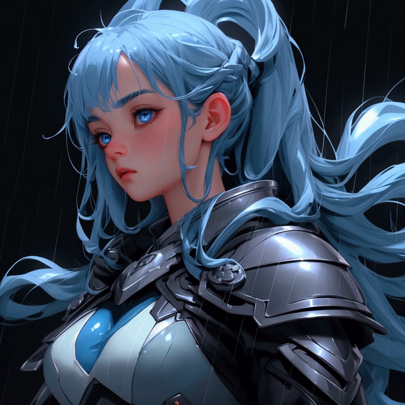 envision a 8k, highres, cinematic, beautiful close up portrait of a cute girl with blue hair, blue eyes, clear rain coat, black tight suit, fantasy armor, jrpg inspired armor, in dark lighting, against a dark gray background