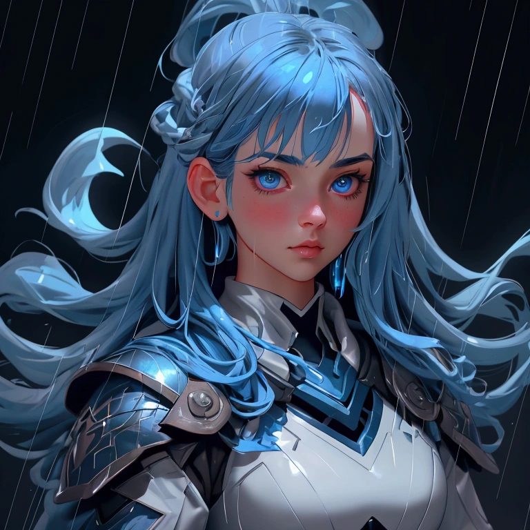 envision a 8k, highres, cinematic, beautiful close up portrait of a cute girl with blue hair, blue eyes, clear rain coat, black tight suit, fantasy armor, jrpg inspired armor, in dark lighting, against a dark gray background