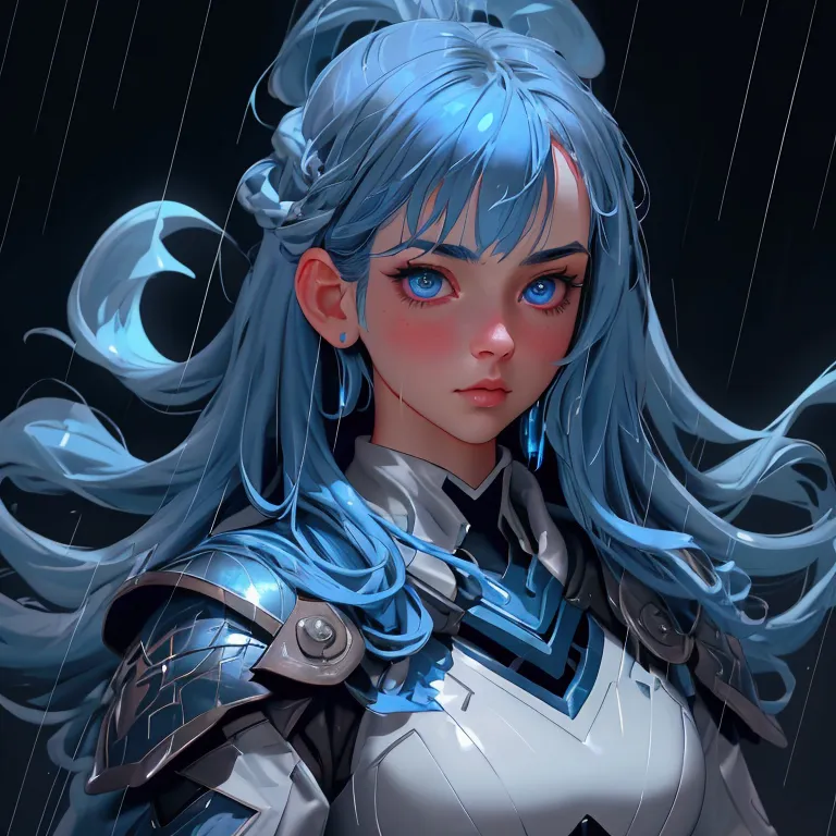 envision a 8k, highres, cinematic, beautiful close up portrait of a cute girl with blue hair, blue eyes, clear rain coat, black ...