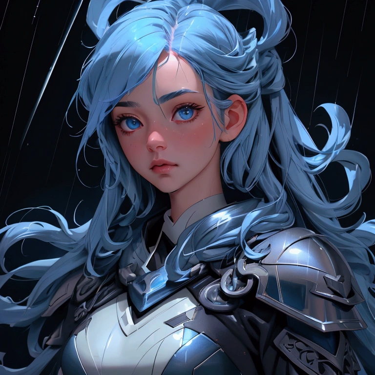 envision a 8k, highres, cinematic, beautiful close up portrait of a cute girl with blue hair, blue eyes, clear rain coat, black tight suit, fantasy armor, jrpg inspired armor, in dark lighting, against a dark gray background