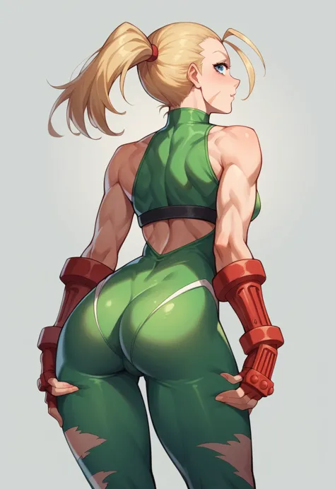 a cute yuna, in 5he role of streetfighter cammy, iconic costume, viewed low and from behind