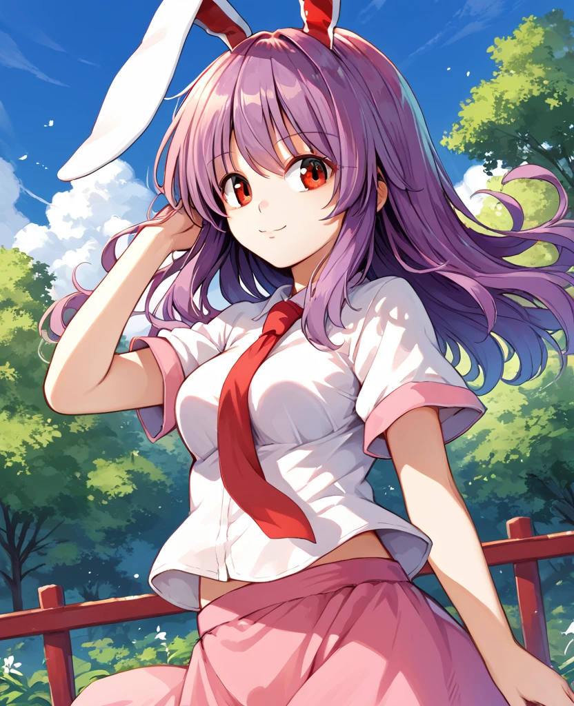 score_9, score_8_up, score_7_up, source_anime, BREAK, cute, bright, solo, 1girl, 1girl, touhou, reisen udongein inaba, rabbit ears, purple hair, long hair, red eyes, white shirt, red necktie, short sleeves, medium breasts, pink skirt, outdoors, blue sky, Amaduyu Tatsuki style