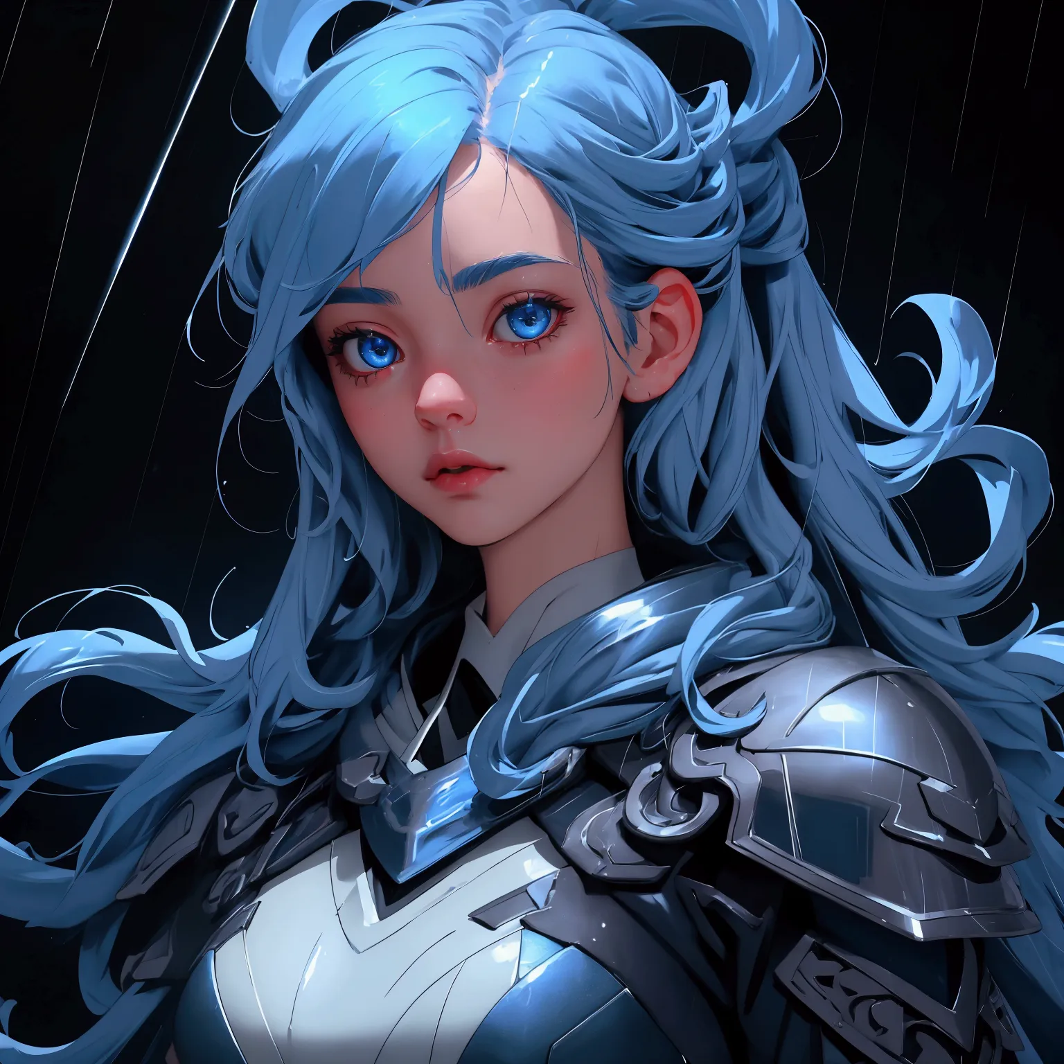 envision a 8k, highres, cinematic, beautiful close up portrait of a cute girl with blue hair, blue eyes, clear rain coat, black ...