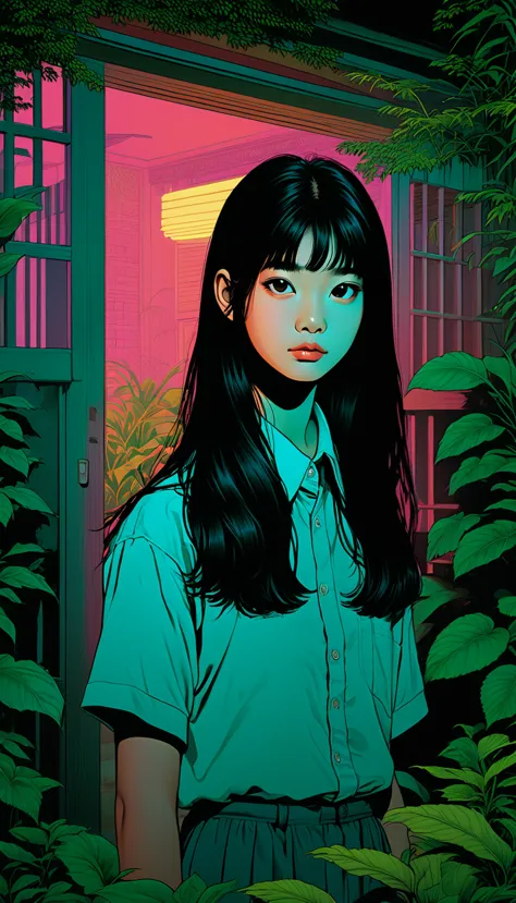 an illustration、art、80s thai horror movie poster, supervised by junji ito、(high school student:1.0)、private house、garden、attenti...