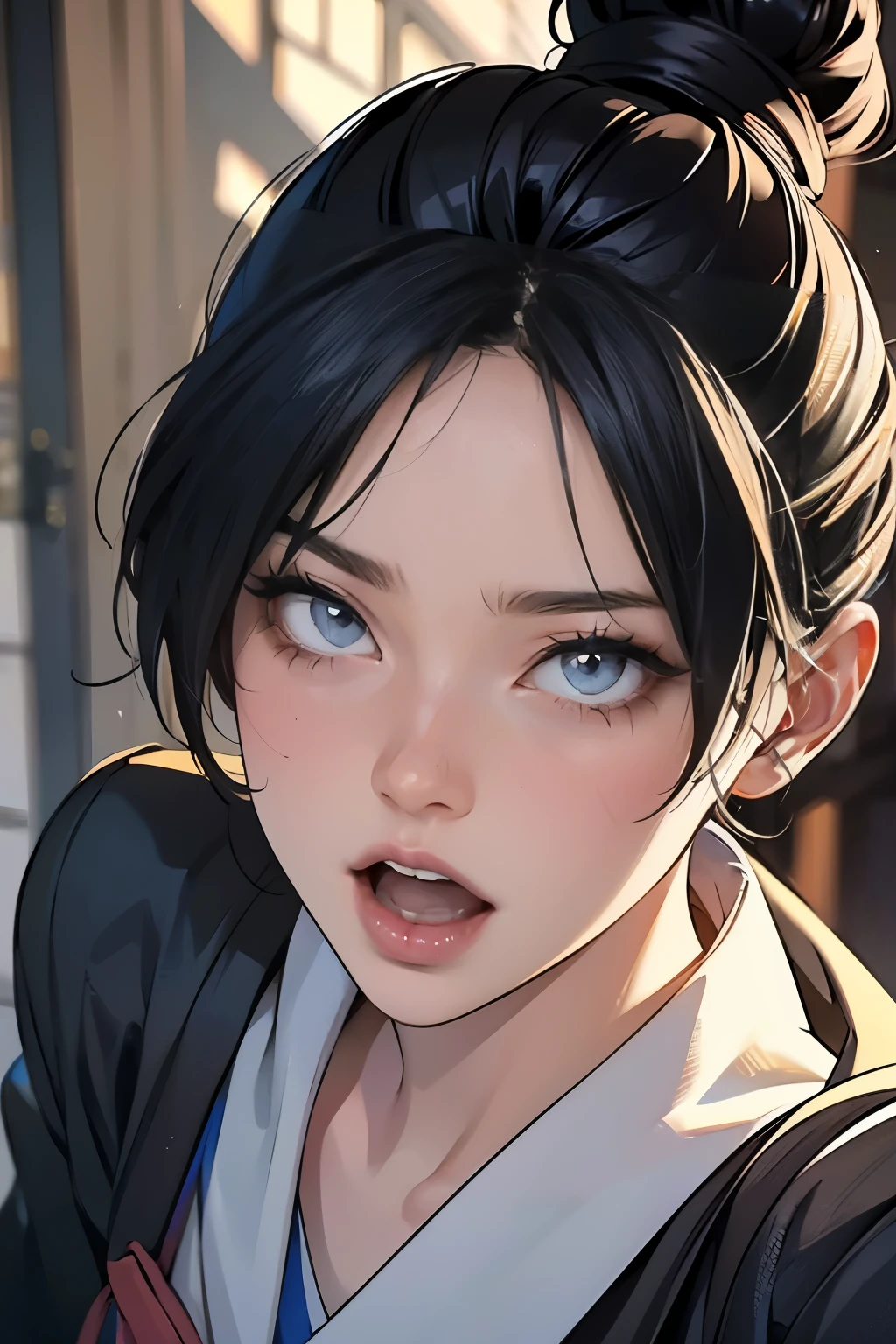 (Surreal), (8k), (Very detailed), (Best illustrations), (Beautiful attention to detail), (Highest quality), (Very detailed), (masterpiece),Japan,high school girl,uniform,Kyoto,looking at the camera,anger,Screaming with wide open mouth,