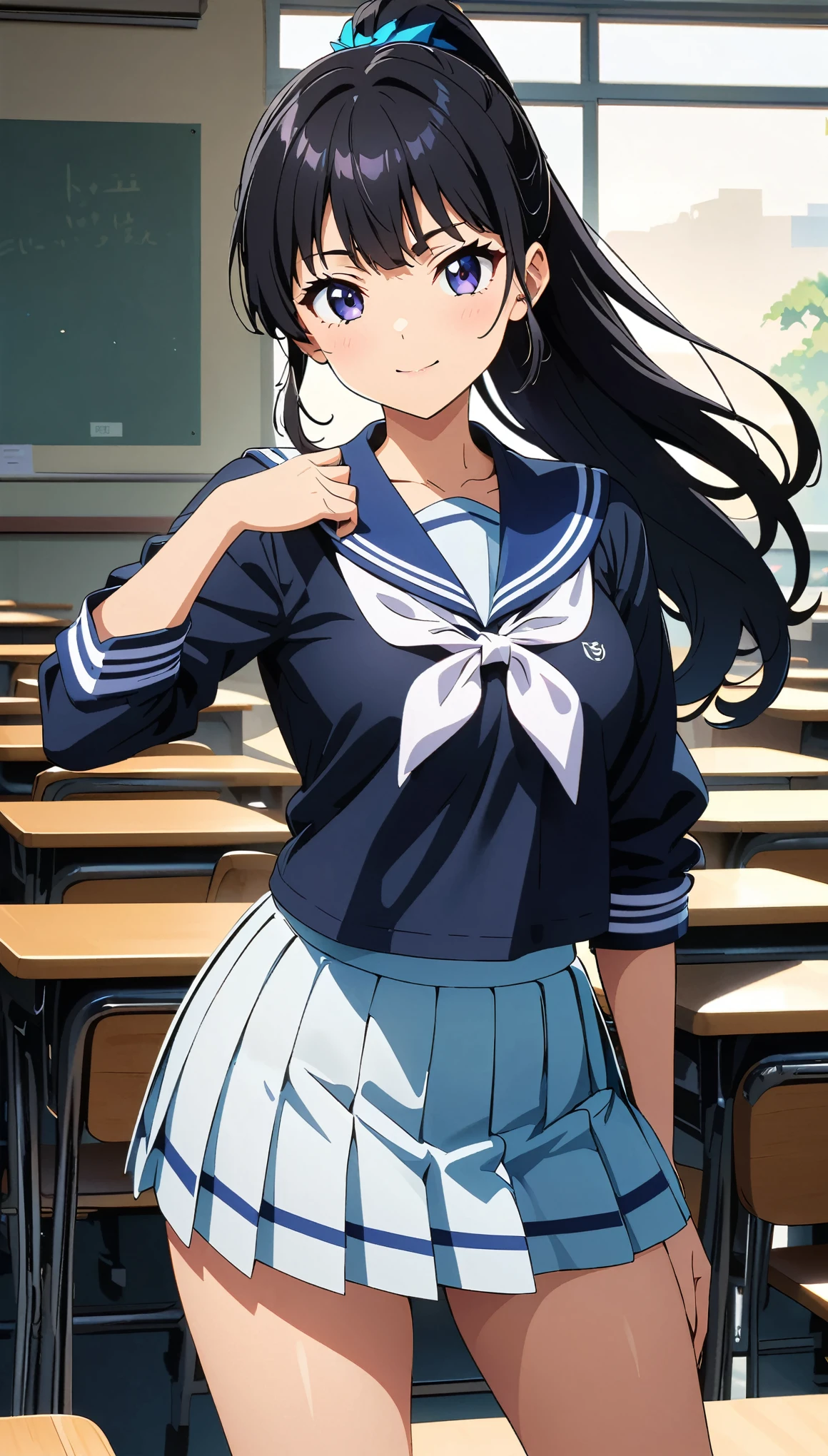 (Anime artwork, Anime Style, Studio Anime, Very detailed, Latest, Vibrant, Anime Coloring, High Contrast, masterpiece:1.2, Highest quality, Best aesthetics), A woman wearing a sailor suit, Cropped tops, Pleated skirt, hair accessory, Thighs glimpsed, Black Hair, ponytail, Perfect Proportions, Skin with attention to detail, cute, Detailed face, Turning pose, Sexy pose, School classroom, Accurate Fingers,