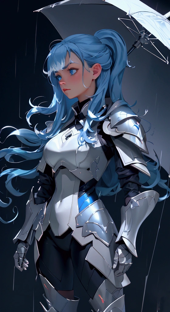 envision a 8k, highres, cinematic, beautiful full body concept art design sheet of a cute girl with blue hair, blue eyes, clear rain coat, black tight suit, fantasy armor, jrpg inspired armor, in dark lighting, against a dark gray background