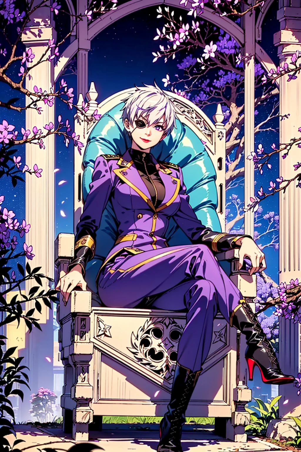 (1girl, Alone, alone), (najenda, short hair, (purple eyes:1.3), grey hair, eyepatch, eye patch, single mechanical arm, Silver Hair,Short Hair, lilac eyes), ((Alone, (1woman,pink lipstick ), extremely detailed , Soft ambient lighting, 4K, perfect eyes, a perfect face, Perfect Lighting, the 1 girl)), ((fitness, , shapely body, athletic body, toned body)) ,(Confused, High resolution, (field, smug, smug smile), Very detailed), 1female, Bright eyes,White and blue military uniform, ((admiralty, admiral's uniform, night, starry, milky way)), black pants, dress pants,24th generation,beauty,mature,thin,quiet,Calm,A small smile, In front of people you like,Long coat,Slender and thin,boots,skinny pants,Sea at dawn,Small breasts, ((fitness, , shapely body, athletic body, toned body)), ((sitting on a throne, sitting cross-legged, legs crossed, boots, heeled boots, stiletto heel boots, mischievous, red lipstick, stiletto heels, fine jewelry, jacaranda))